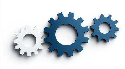 icon featuring three interlocking gears on a bright white background, representing teamwork, collaboration, and synergy