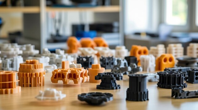 Many colorful plastic prototypes are lying on a wooden table in a manufacturing laboratory, showcasing the potential of additive manufacturing and rapid prototyping technologies