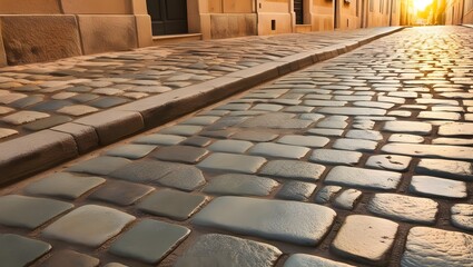 Cobblestone Street with Sunlit End, Architectural Urban Stone Path Texture