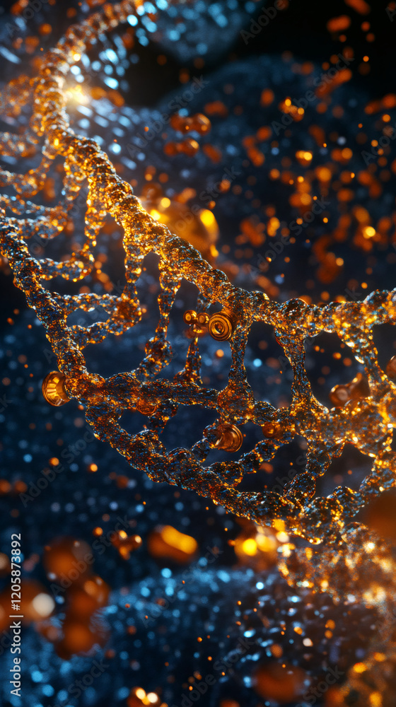 Poster 3d render of a golden dna helix rotating with particles flowing in a dark background, science and bi