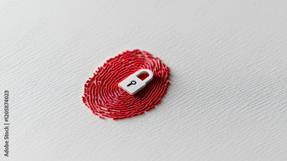 Poster red fingerprint with white lock symbol illustrating security concepts like data protection and priva