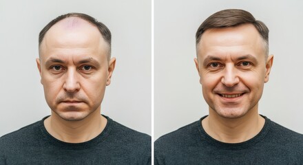 Transformation process depicting hair restoration and emotional shift in mature adults