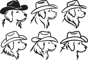 Golden Retriever wearing Cowboy Hat outline silhouette vector illustration bundle | Collection of Cartoon Styled Dog Golden Labrador Retriever Head vector Illustration