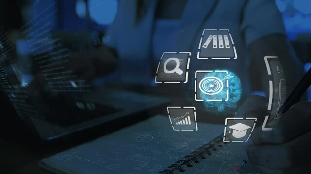 business woman uses brain AI artificial intelligence brain webinar online, education, studying, seminar, training, on internet, e-learning