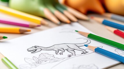 Obraz premium Coloring page with dinosaur outline and colored pencils