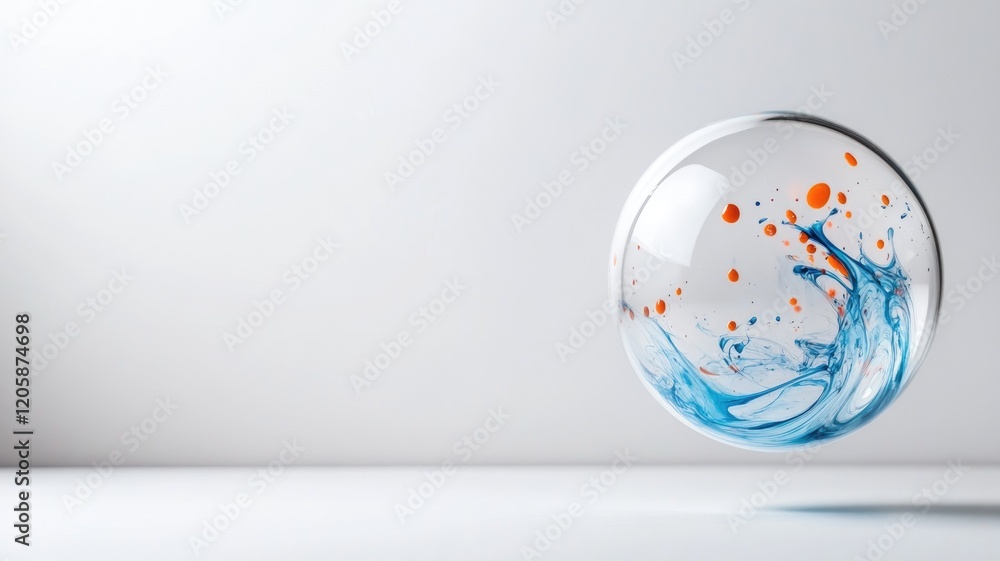 Poster transparent bubble with blue and orange splashes in minimalist setting