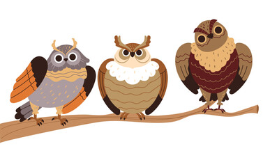 Owls sitting on branch characters concept. Vector graphic design illustration