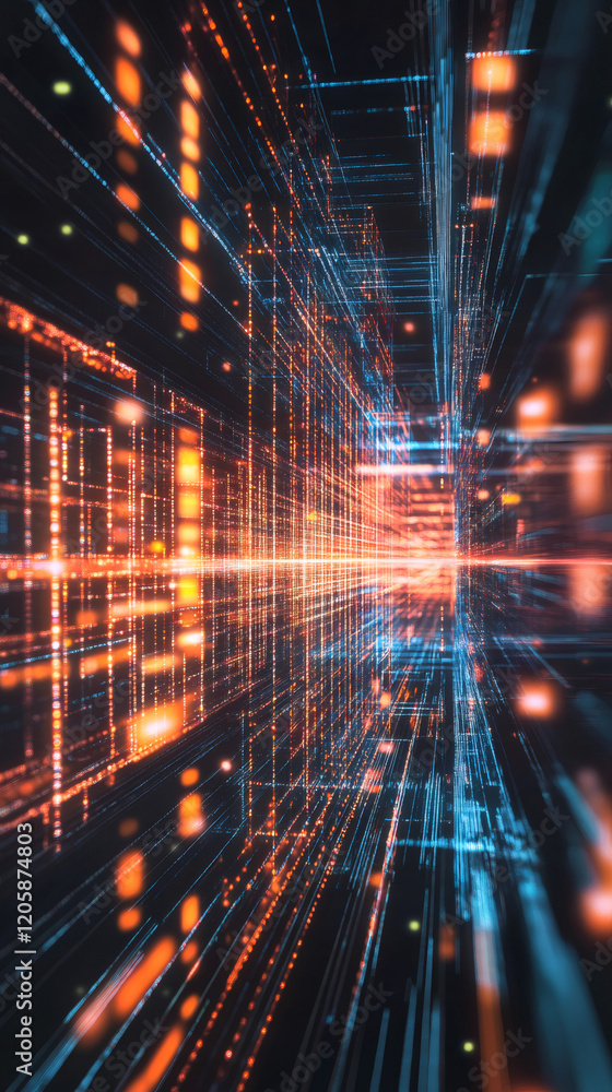 Aufkleber futuristic server room filled with glowing digital information, creating vibrant light trails that i
