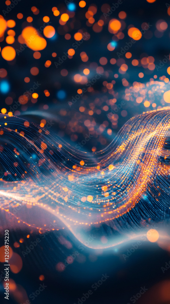 Poster Orange and blue glowing particles and lines flowing on a dark background, creating an abstract and futuristic atmosphere