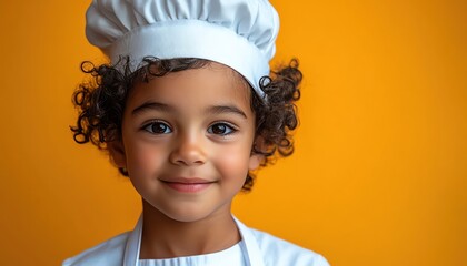 Confident young boy in chef outfit, orange background