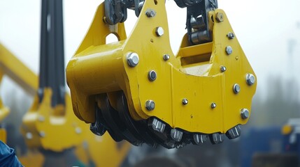 Yellow excavator claw close-up, industrial site, demolition