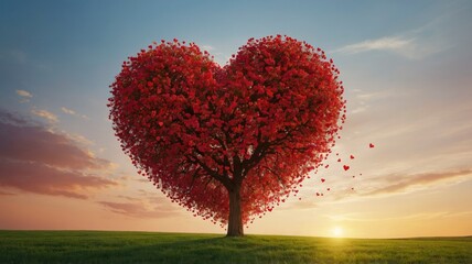 Tree of love in spring. Pink heart shaped tree at sunset. Beautiful landscape with flowers. Love background with copy space. Valentine day card
