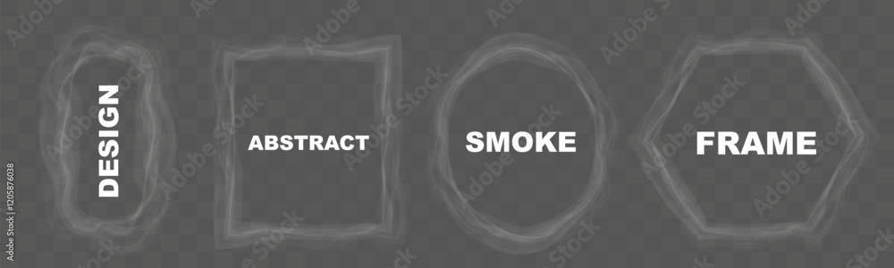 Poster set of abstract smoke frames in various shapes (square, circle, hexagon, freeform) on transparent ba