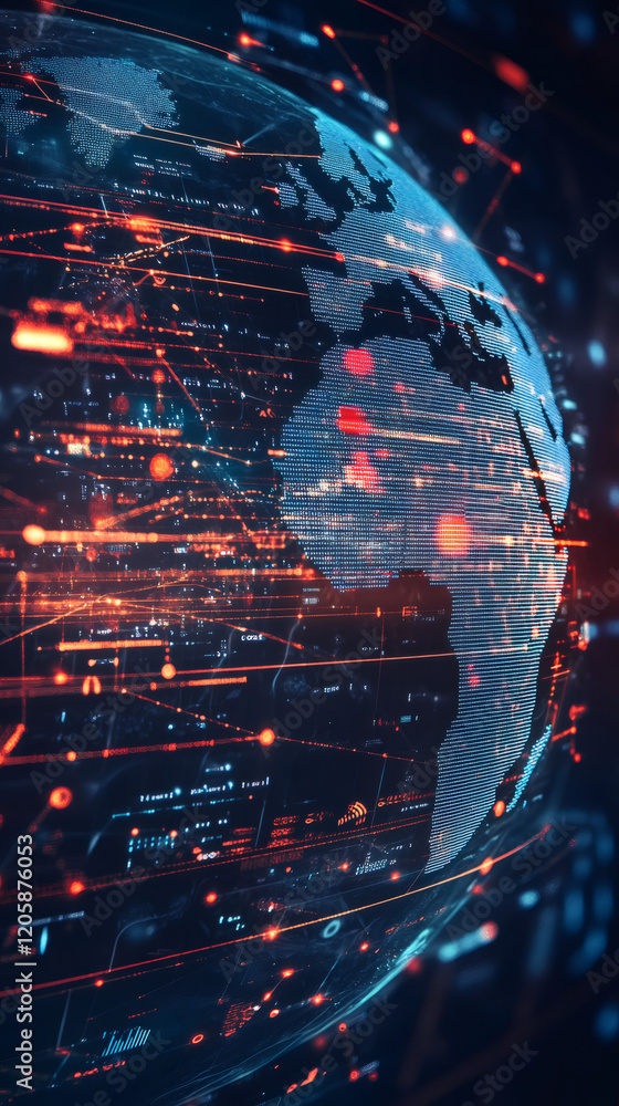 Poster digital world map showing data connections between continents with futuristic interface and orange a