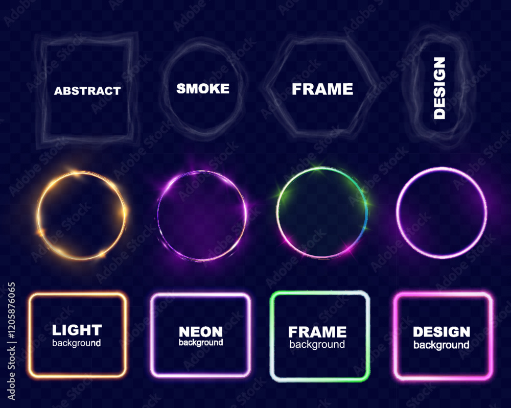 Poster glowing neon light frames and smoky abstract frames in various shapes on transparent background, per