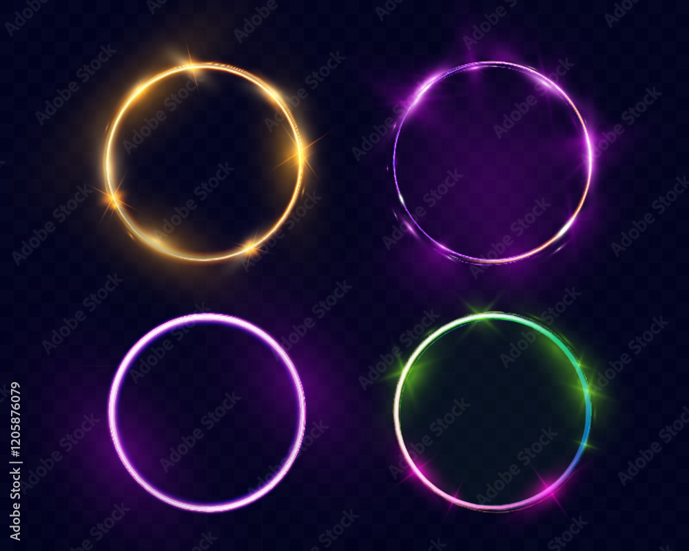 Poster set of vector light line effects in golden, purple, and green colors. luminous circular trails with 