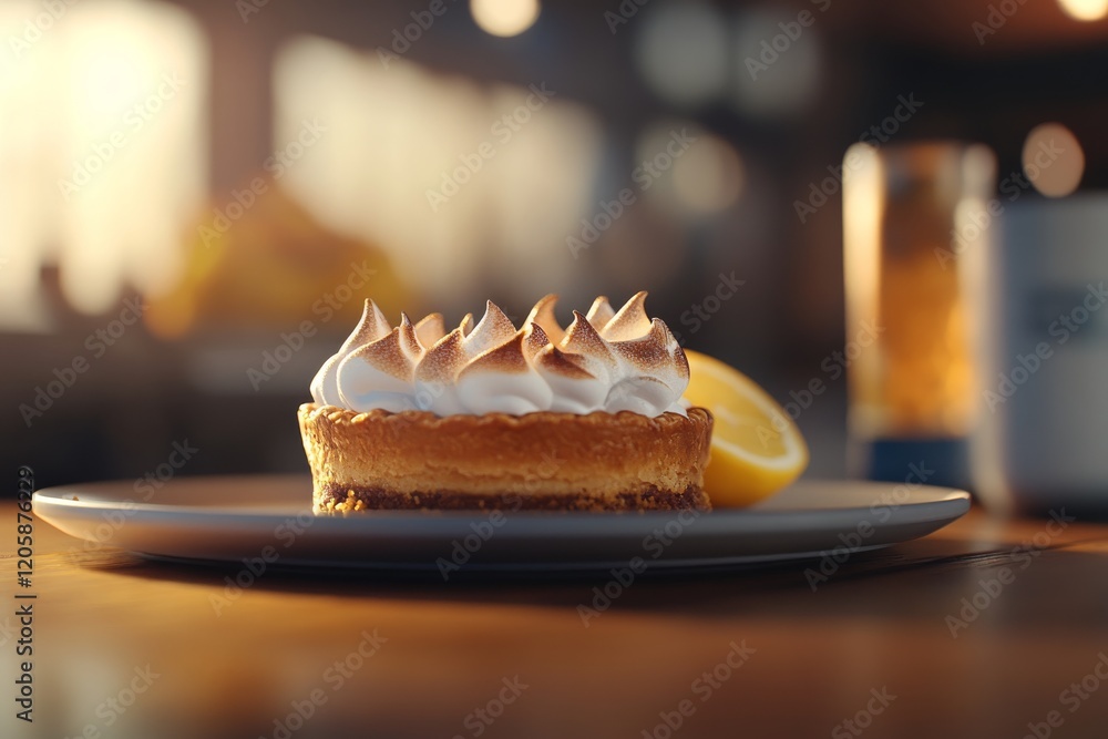 Poster Enjoy a close-up view of lemon meringue pie topped with fluffy meringue and fresh lemons, set on a rustic wooden table, ideal for morning or dessert