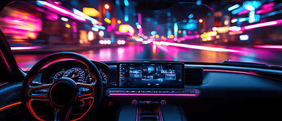 Futuristic car interior, neon lights, hightech dashboard, night drive