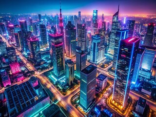 Obraz premium Drone Aerial View Neon Gradient Cityscape at Night - Futuristic Glow