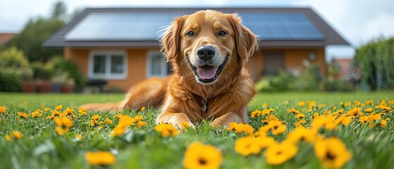 Golden retriever lying on grass in front of a house with solar panels, bright and sunny day