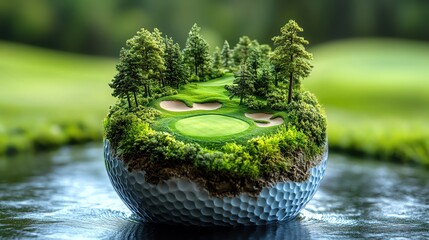 Golf course landscape embedded into a golf ball, isolated