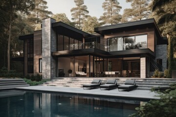 Fototapeta premium Modern House With Pool Nestled In A Wooded Area