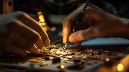 Close up of hands using precision tools to carefully repair a complex electronic circuit board, highlighting the intricate details and focused concentration required in electronics repair