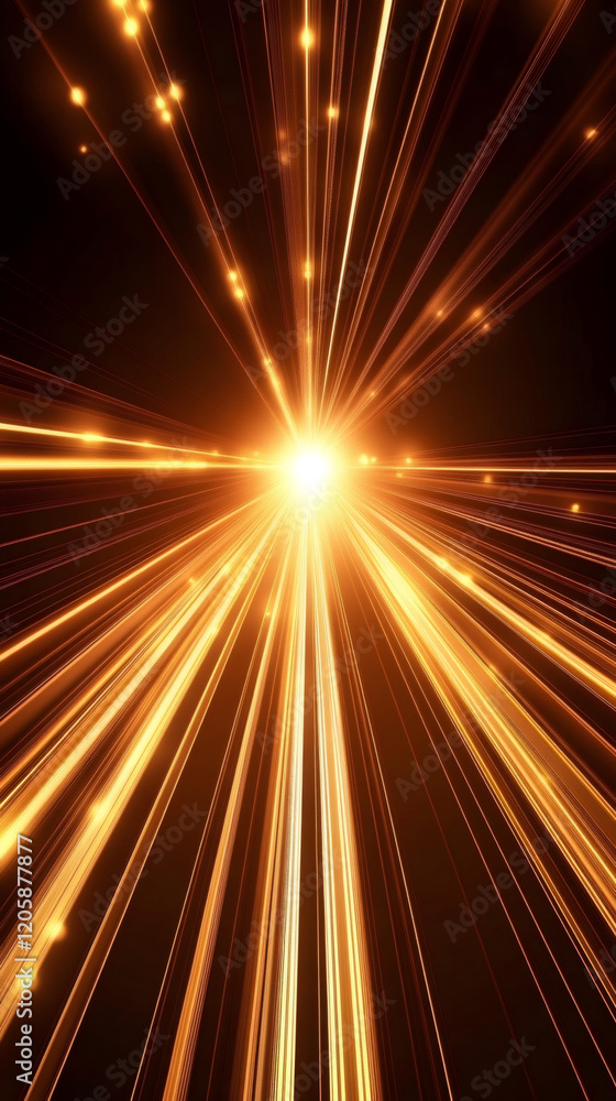 Poster Golden light streaks exploding from a bright core on a black background, creating a powerful and dynamic visual