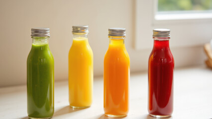 A collection of colorful glass jars containing freshly made juice blends, perfect for a healthy detox regimen.