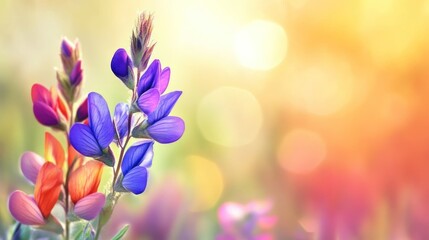 Blooming lupines sunset meadow spring floral greeting card