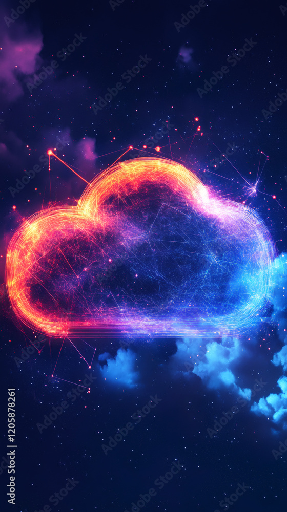 Poster cloud computing network and technology concept with glowing lines and dots forming a cloud symbol in