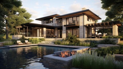 Obraz premium Modern Luxury Home with Pool and Fire Pit