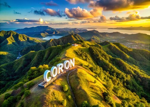 Drone View: CORON Sign on Mount Tapyas, Busuanga, Palawan, Philippines