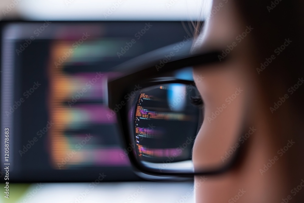 Aufkleber Female coder in glasses concentrates on a computer screen displaying code, surrounded by a muted office setting, with clear copy space available