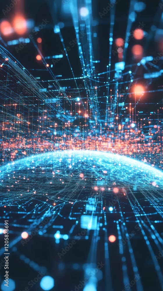Fototapete global network nodes connecting digital data across planet, illustrating worldwide communication and