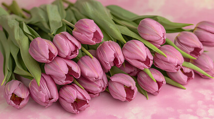 Obraz premium A stunning bouquet of pink tulips laid on a pink pastel background, capturing the essence of spring beauty. 