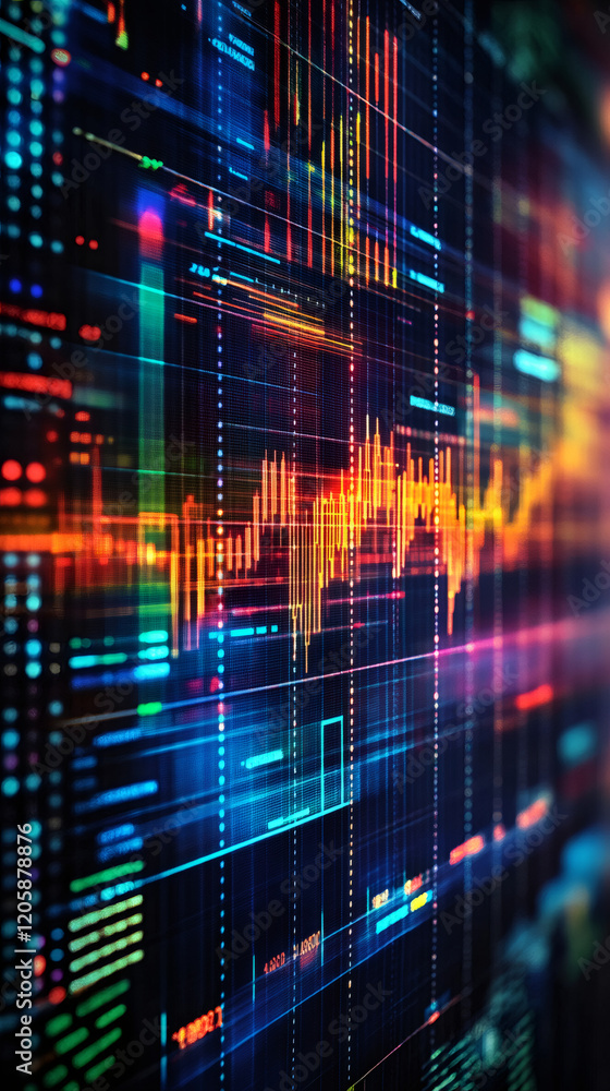 Leinwandbilder digital screen presenting intricate data visualization, showing vibrant lines and financial charts h
