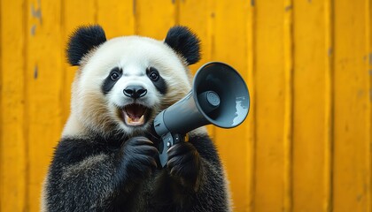 Panda holding a megaphone, vibrant yellow background, humorous tone