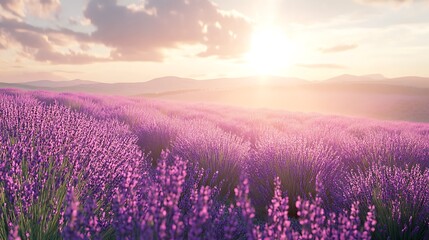 Serene lavender field at sunset, showcasing nature's beauty.