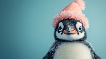 Fototapeta premium Penguin in a party hat, turquoise background, minimalistic