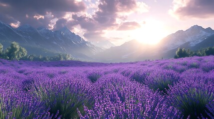 Obraz premium Scenic lavender field with mountains and sunrise in the background.