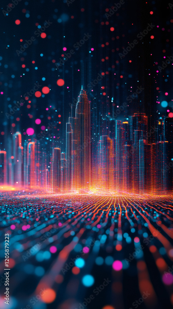 Aufkleber digital particles flowing and creating a futuristic cityscape, symbolizing innovation, technology, a
