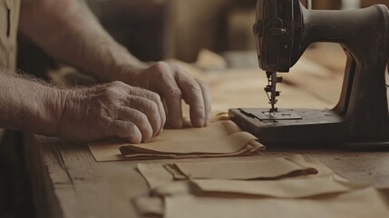 Craftsman's hands preparing leather near vintage sewing machine in workshop