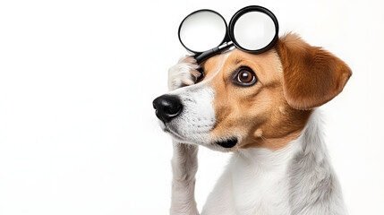 Adorable dog holding a magnifying glass, playfully symbolizing curiosity, exploration, and problem-solving in a fun and creative way, perfect for concepts like research and investigation.
