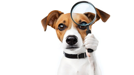 Adorable dog holding a magnifying glass, playfully symbolizing curiosity, exploration, and problem-solving in a fun and creative way, perfect for concepts like research and investigation.
