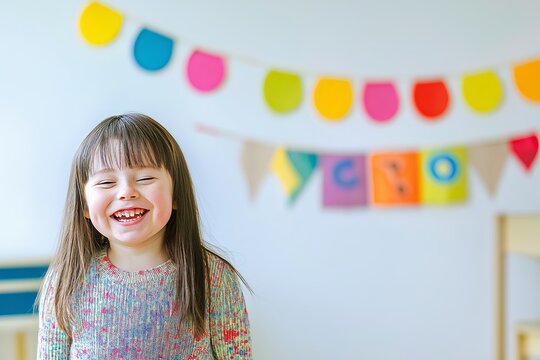 A joyful child smiles brightly in front of an inclusion banner, celebrating World Down Syndrome Day with colorful decorations in the background.