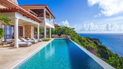 A luxurious villa on a cliff, with an infinity pool and panoramic ocean views