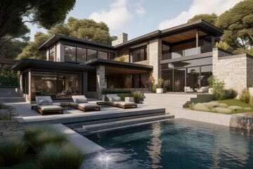 Fototapeta premium Modern House Design With Infinity Pool And Landscaping
