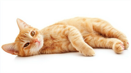 Fototapeta premium A cute ginger tabby cat with fur sitting on a white background, looking playful and adorable