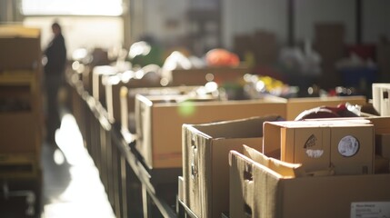 Warehouse worker sorting donations in sunlight